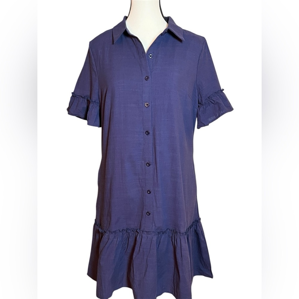 Merokeety Button Down Shirt Dress Ruffle Sleeve Shift Navy Blue Women Size S NWT - Picture 2 of 10